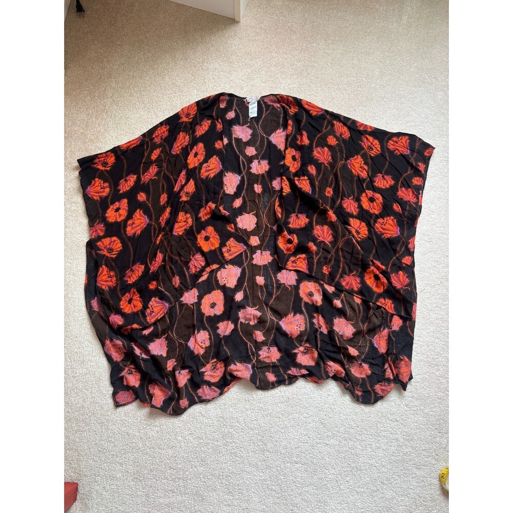 Free People Field Kimono Black Orange Floral High Low Open Front One Size